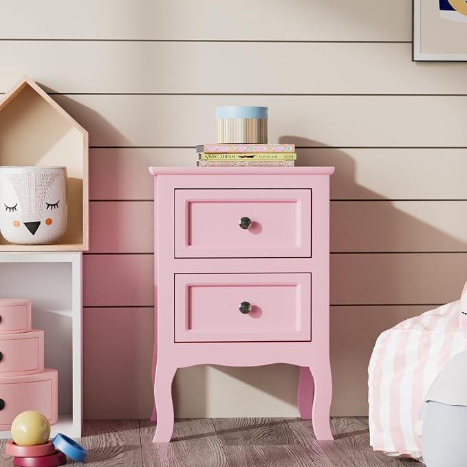 Bonnlo Nightstand with 2 Drawers, Night Stands for Bedrooms, Small Bed Side Table/White Night Stand with Drawers for Small Spaces, College Dorm, Kids’ Room, Living Room, French, 16W x 12D x 24H, Pink
