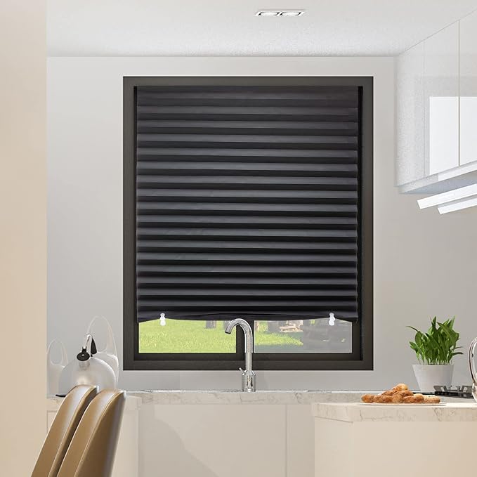 MYshade 6 Pack Temporary Blackout Paper Shades for Windows,Paper Pleated Blinds with Adhesive,No Tools No Drilling Free Cut Size Temporary Room Darkening Shades(Black, 36" W x 72" H)