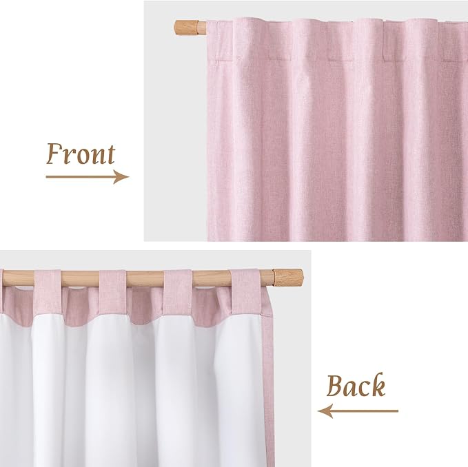 63 Inch Long 100% Blackout Linen Curtains 2 Panels with White Liner | Pink, Living Room, Farmhouse, Bedroom Curtains, Full Room Darkening, Thermal, Rod Pocket Back Tab Panels, 60 x 63 Inch