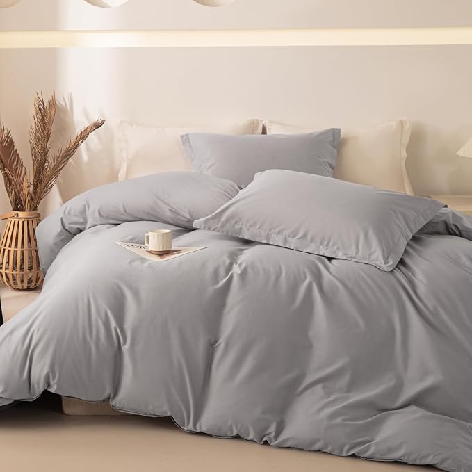 OAITE Duvet Cover Set 100% Washed Cotton Solid 3pcs | Soft,Durable,Long-staple Cotton,Hidden Zipper with 8 Interior Corner Ties,2 Pillowcases,68"X90"