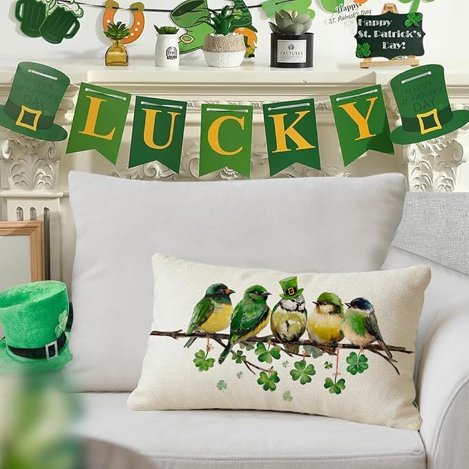 RABUSOFA St.Patricks Day Pillow Covers 12x20 Inch,Birds Shamrock St Patricks Day Decorations Holiday Spring Decorative Pillow Case Decor for Sofa Couch Green