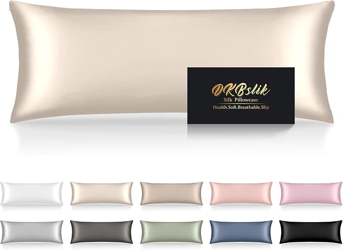 Silk Body Pillow Cases, Mulberry Silk Body Pillow Cover with Zipper, Smooth, Anti Acne, Cooling Sleep Both Sides Natural Silk Satin 20x54 Body Pillowcase, Gifts for Women Men, Beige