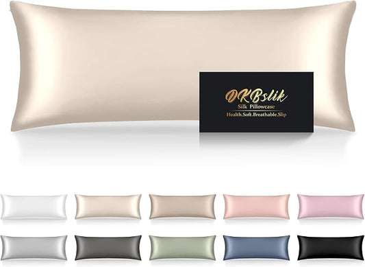 Silk Body Pillow Cases, Mulberry Silk Body Pillow Cover with Zipper, Smooth, Anti Acne, Cooling Sleep Both Sides Natural Silk Satin 20x54 Body Pillowcase, Gifts for Women Men, Beige