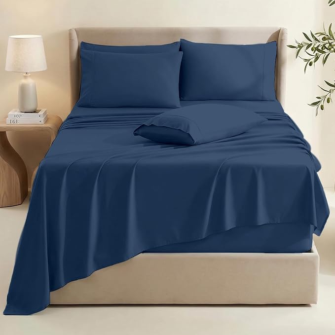 Hearth & Harbor Extra Deep Pocket Sheets - Fits Mattress 18-24 Inches Deep - Extra Deep Pocket California King Size - 6 Piece Cal King Sheets - Cal King, Navy Blue