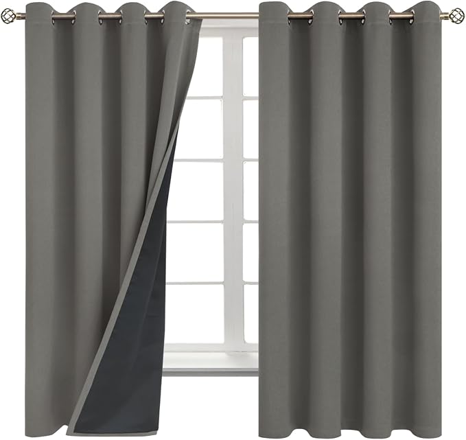 BGment Thermal Insulated 100% Blackout Curtains for Bedroom with Black Liner, Double Layer Full Room Darkening Noise Reducing Grommet Curtain (52 x 72 Inch, Grey, 2 Panels)