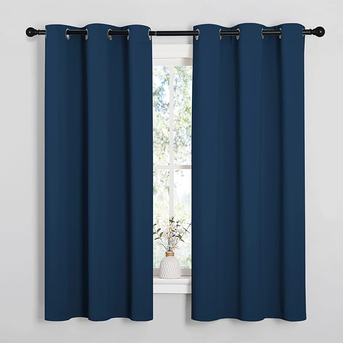 NICETOWN Moroccan Blue Blackout Curtains for Basement 34" x 54" 2 Panels | Thermal Insulated Solid Grommet Draperies Drapes for Bedroom Kitchen Living Room, Light Blocking Noise Reducing Window Decor