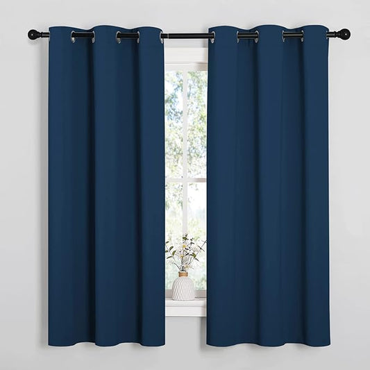 NICETOWN Moroccan Blue Blackout Curtains for Basement 34" x 54" 2 Panels | Thermal Insulated Solid Grommet Draperies Drapes for Bedroom Kitchen Living Room, Light Blocking Noise Reducing Window Decor
