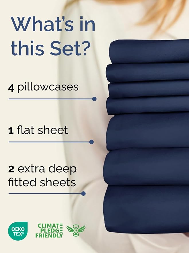 Extra Deep Split King Sheet Set - 7 Piece Breathable & Cooling - Navy Blue | Hotel Luxury Bed Sheets Set, Easy & Secure Fit, Ultra-Soft, Wrinkle & Fade Free, Comfy Sheets Set with Extra Deep Pockets