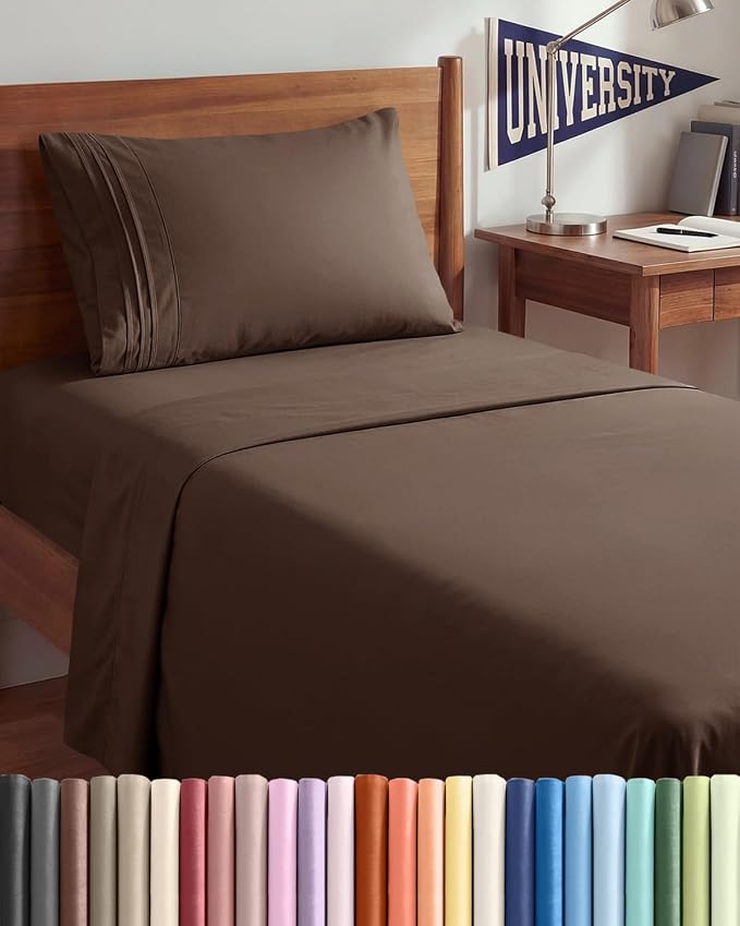 Twin XL 3 Piece Sheet Set - College Dorm Room Essentials - Brown | Deep Pocket Bed Sheets for Women, Men, Teens & Students, Soft, Cooling, Breathable & Wrinkle Free, Oeko-Tex Bed Sheet Set