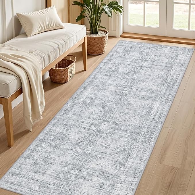 2'6''x8' Hallway Washable Runner Rug: Neutral Kitchen Carpet Gray | Vintage Boho Soft Small Indoor Decor Floor Non-Slip Low Pile Neutral Farmhouse Entryway Laundry Bathroom Bedroom Beside Rugs