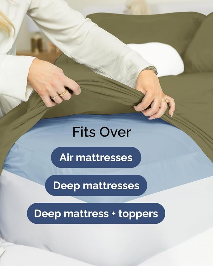 Flex Top Split Head King Sheet Set - 4 Piece Extra Deep Sheets - Sage Green | Easily Fits 18 to 24 inch Mattress, Ultra Soft, Wrinkle & Fade Free with Extra Deep Pockets, Comfy Hotel Luxury Bedding