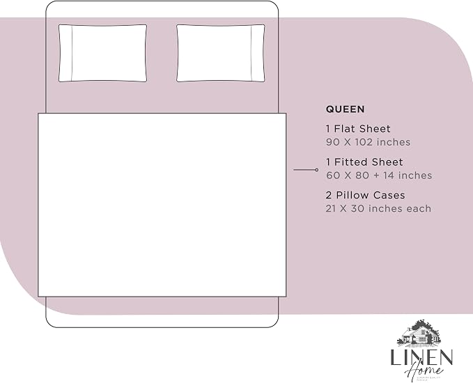Linen Home 100% Cotton Percale Sheets Queen Size,Mauve Lavender, Deep Pocket, 4 Pieces Set - 1 Flat, 1 Deep Pocket Fitted Sheet and 2 Pillowcases, Crisp Cool and Strong Bed Linen
