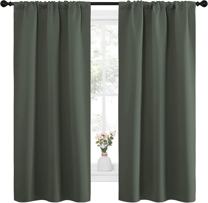 NICETOWN Bedroom Curtains Blackout Draperies - All Season Thermal Insulated Solid Rod Pocket Top Blackout Curtains/Drapes for Kid's Room (Dark Mallard, 1 Pair, 34 x 63 Inch)