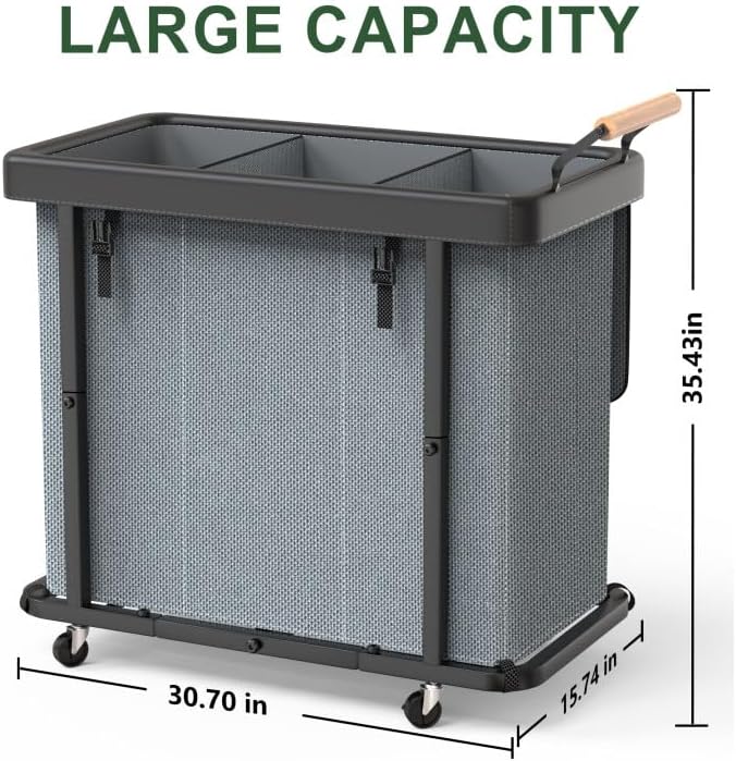Laundry Hamper 3 Section with Lid,230L Rolling Dirty Clothes Hamper Grey | Laundry Basket with Wheels,Laundry Organizer Storage Cart with Sturdy Metal Frame and Wooden Handle for Laundry Room, Hotel