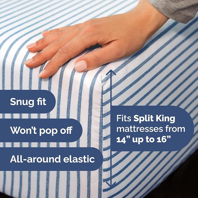 Flex Top Split Head King 4 Piece Sheet Set - Soft & Cooling - Blue Stripes | Cooling Bed Sheets Set, Hotel Luxury Bedding for Women & Men with Deep Pockets, Wrinkle Free & Fade Resistant, Oeko-Tex