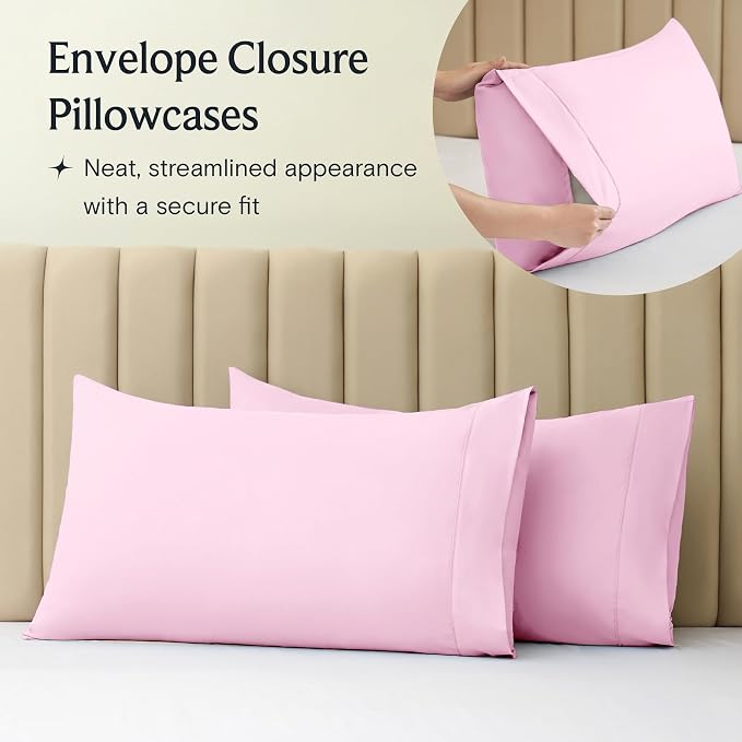 LuxClub Queen Size Sheet Set, Cooling & Soft Deep Pocket Bed Sheets, 4PC | LuxClub Silky Fitted Sheet & Pillowcase Sets, Breathable Hotel Luxury Bedding for Mattress Wrinkle Free, Powder Pink