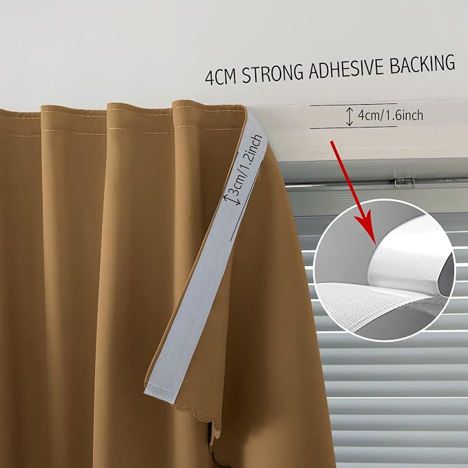 Thermal Blackout Curtains with Self-Adhesive Tape, No Rod No Drill Easy Install Window Cover for Bedroom Kitchen Dorm, 71" W x 59" L, Brown, 1 Panel