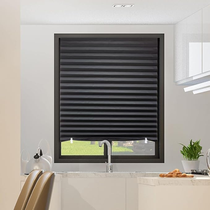 MYshade 6 Pack Temporary Blackout Paper Shades for Windows,Paper Pleated Blinds with Adhesive,No Tools No Drilling Free Cut Size Temporary Room Darkening Shades(Black, 24" W x 72" H)