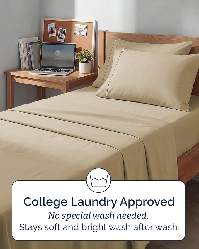 Extra Deep Twin XL Sheet Set - 4 Piece College Dorm Room - Beige | College Dorm Room Essentials, Easy & Secure Fit, Ultra-Soft, Wrinkle & Fade Free, Comfy Sheets Set with Extra Deep Pockets