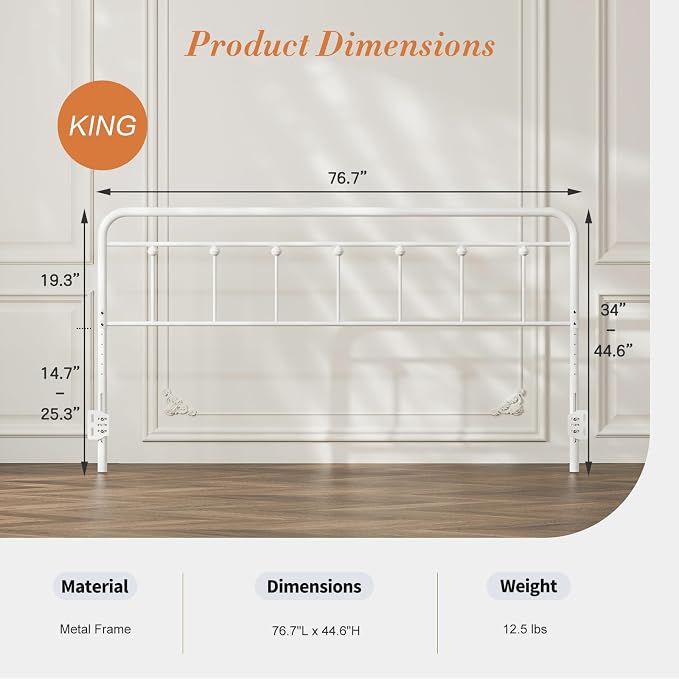 Victorian Metal King Size Headboard Only, White | 34"-44.6" Adjustable Height, Steel King Head Board with Bed Frame Brackets Adapter, Easy Assembly, Farmhouse Vintage Style