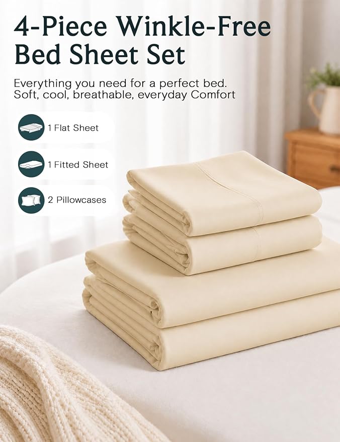 LuxClub King Size Sheets Set, Deep Pocket King Sheets Bed Sheets 4PC, Cooling Sheets King Size Breathable, Soft Hotel Luxury Bedding Wrinkle Free, Silky Fitted Sheet & Pillowcase Sets, Cream | LuxClub Silky Fitted Sheet & Pillowcase Sets, Breathable Ho...