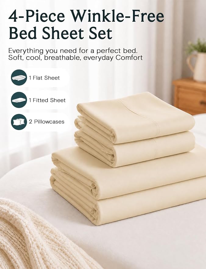 LuxClub Full Size Sheets, Deep Pocket Bed Sheets Full Size 4PC, Soft Cooling Sheets Set for Full Sized Bed, Breathable Hotel Luxury Bedding Wrinkle Free, Silky Fitted Sheet & Pillowcase Sets, Cream | LuxClub Silky Fitted Sheet & Pillowcase Sets, Breath...