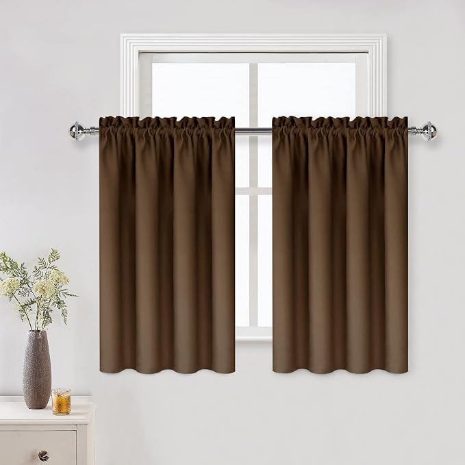 DWCN Short Blackout Curtains 42 x 36 Inch Long for Kitchen RV Bunk Brown | Room Darkening, Thermal Insulated, Light Blocking, Rod Pocket Drapes, Noise Reducing Window Treatments