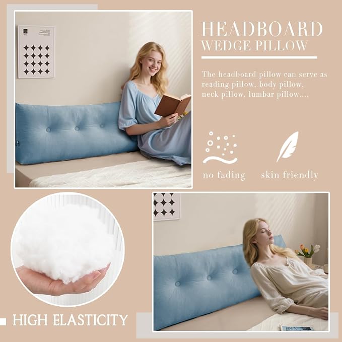 Wedge Headboard Pillow Twin XL, College Dorm Essentials Bed Reading | 39.4*15.7*5 in, back rest, lumbar support, sleeping & reading pillow, plush velvet cover, pp cotton inner, side pockets, blue