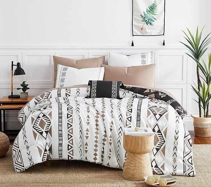 Super King Comforter Set - 7 Pieces Boho Bed in a Bag Western Bedding | Reversible Bedding, All Season Aztec Bed Set with Comforter, Sheets, Pillowcases & Shams, Brown