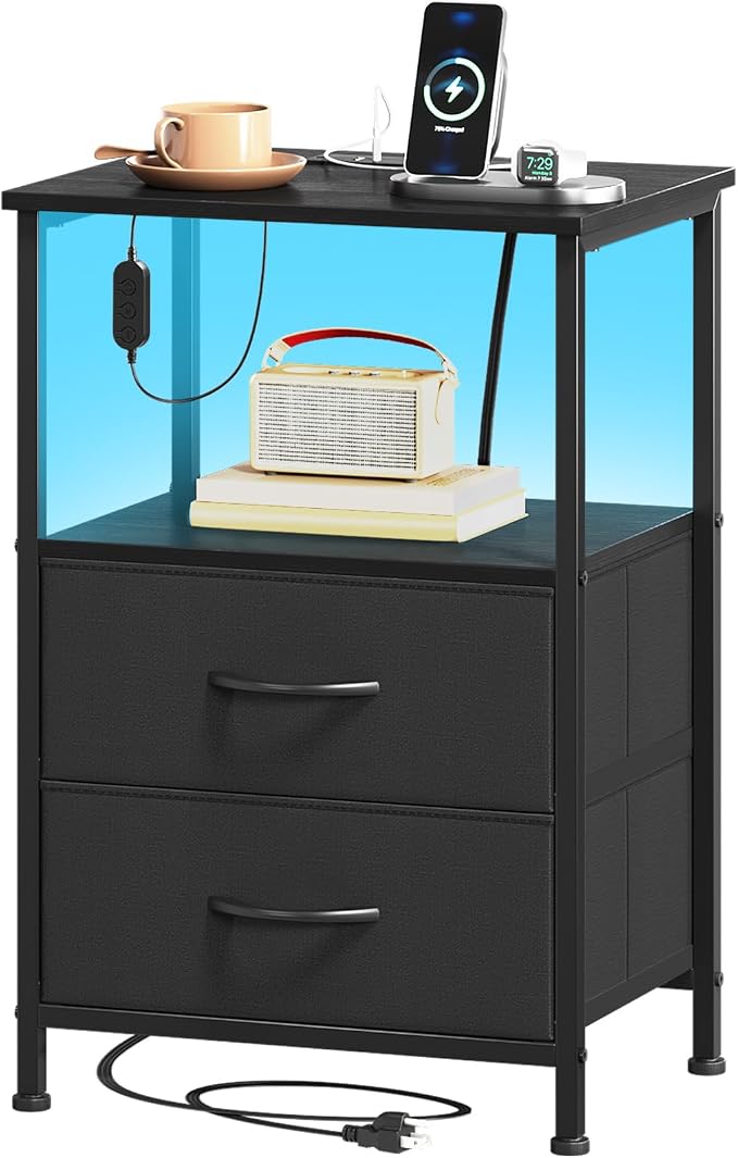 Somdot Nightstand with 2 Drawers, Charging Station & LED Light | Fabric-Bin Dresser for Bedroom, Bedside, Kids Room, Dorm, Closet, Laundry and Entryway, Black