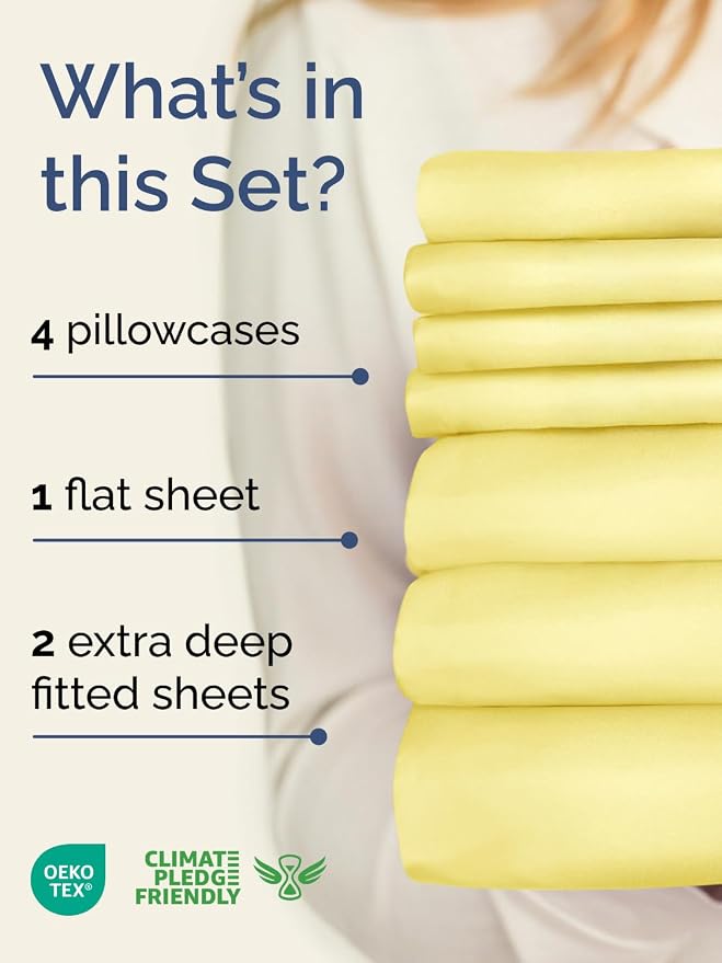 Extra Deep Split King Sheet Set - 7 Piece Breathable & Cooling - Yellow | Hotel Luxury Bed Sheets Set, Easy & Secure Fit, Ultra-Soft, Wrinkle & Fade Free, Comfy Sheets Set with Extra Deep Pockets