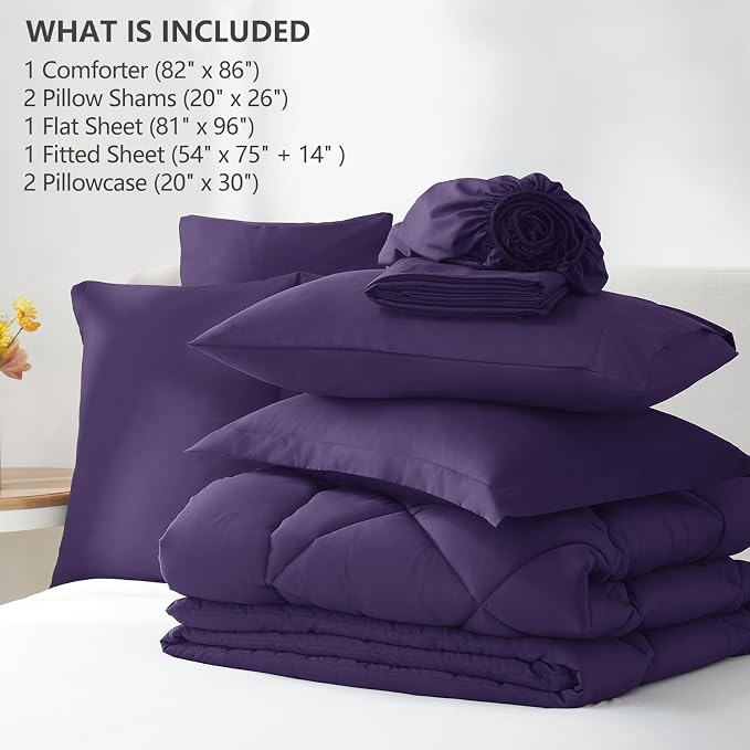Full Size Comforter Sets Purple - 7 Pieces Complete Bedding Set | OEKO-TEX Certified, All Season, 240GSM Down-Alternative Comforter, Sheets, Pillowcases & Shams, 14" Deep Pocket, Easy Care