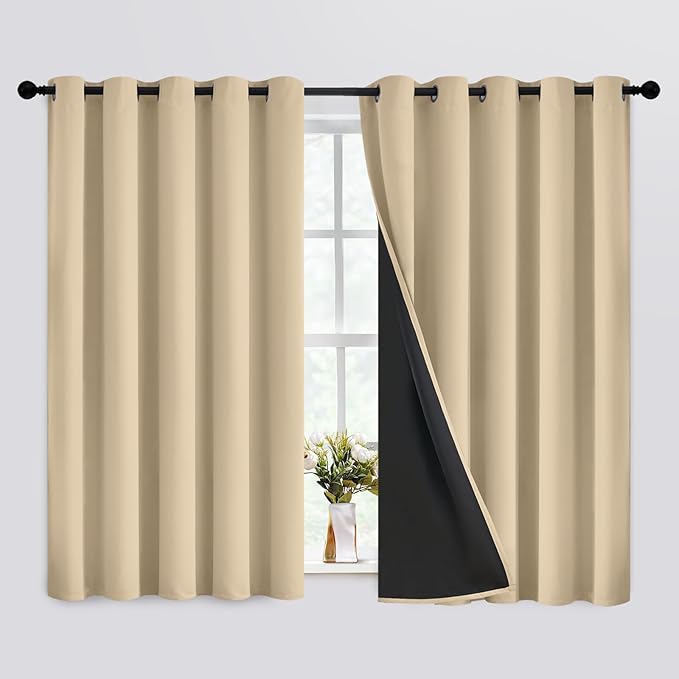 SimpleHome Beige 100% Blackout Curtains Room Darkening Living Room 63 Inch | Curtains for Bedroom,Thermal Insulated Grommet Window Drapes,Curtains for Living Room with Black Back,62 x 63 Inch,2 Panels