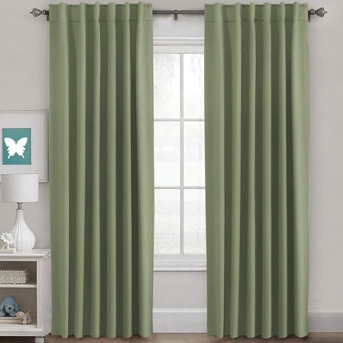H.VERSAILTEX Blackout Curtains for Living Room Thermal Insulated Window Treatment Panels Room Darkening Blackout Drapes Back Tab/Rod Pocket Bedroom Draperies, 52 x 102 Inch, Sage, 2 Panels