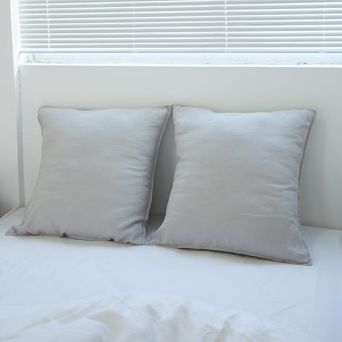 Simple&Opulence 100% Washed Linen Euro Shams 26'' x 26'' Pack of 2, Basic Style Solid Color Natural Flax Farmhouse Decorative Square Throw Pillow Covers for Bed Couch Sofa - Light Grey