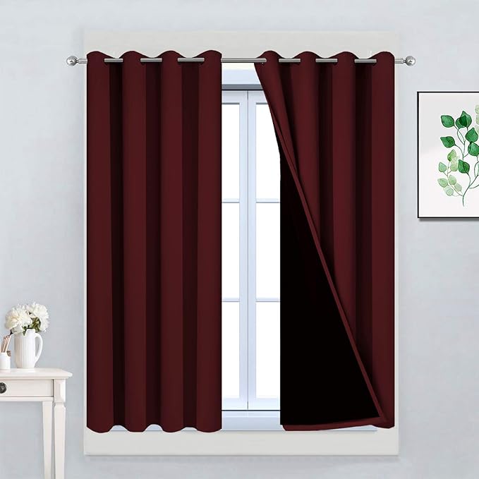 Yakamok Burgundy Red Blackout Curtains 45 Inches Long for Bedroom 52" Wide | Blackout Curtain Panels for Bedroom, 2 Thick Layers Grommet Top Thermal Insulated Drapes with Black Liner for Living Room