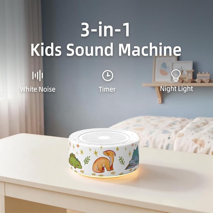 Kipcush White Noise Machine for Baby & Adults, 30 Soothing Sounds, Soft Non-Glare Nursery Lamp, 8 Color Night Lights, Memory Function (New Orange/Dinosaur, Standard)