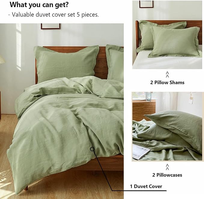Simple&Opulence 100% Washed Linen Duvet Cover Set 5pcs(1 Duvet Cover& 2 Shams& 2 Pillowcases) Basic Style Natural French Flax Soft Breathable Farmhouse Bedding (King, Sage Green)