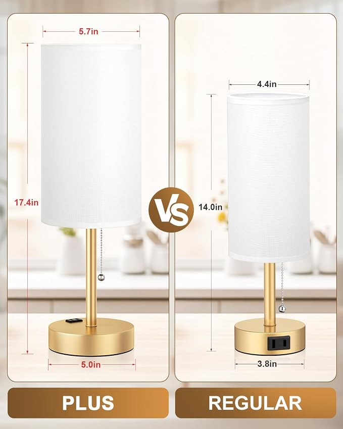17.4" Gold Bedside Table Lamps Set of 2 - Bedroom Lamp, USB C+A, AC Outlet | 3CCT(3000/4000/5000K), LED Bulbs Included, White Fabric Lampshade, 17.4in Large Lamp for Nightstand, Living Room, Dorm, Desk