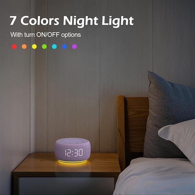 Buffbee Sound Machine & Alarm Clock 2-in-1, 0-100% Clock Face Brightness, Bottom Colored Light, Sleep Timer, Precise 30-Level Volume White Noise Machine, Digital Alarm Clocks for Bedrooms - Purple