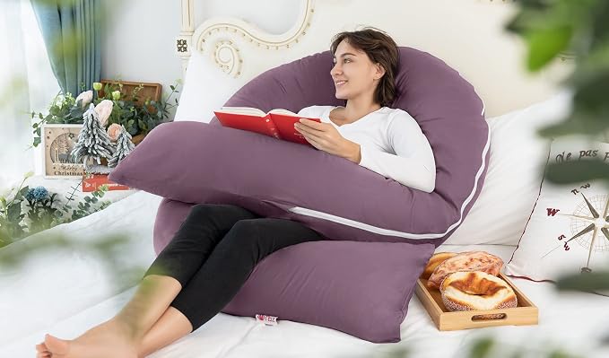 Meiz Pregnancy Pillow, Cooling Silky Pregnancy Pillows for Sleeping, 65" Maternity Pillow for Tall Pregnant Woman with Cooling Silk Jersey Cover, Purple