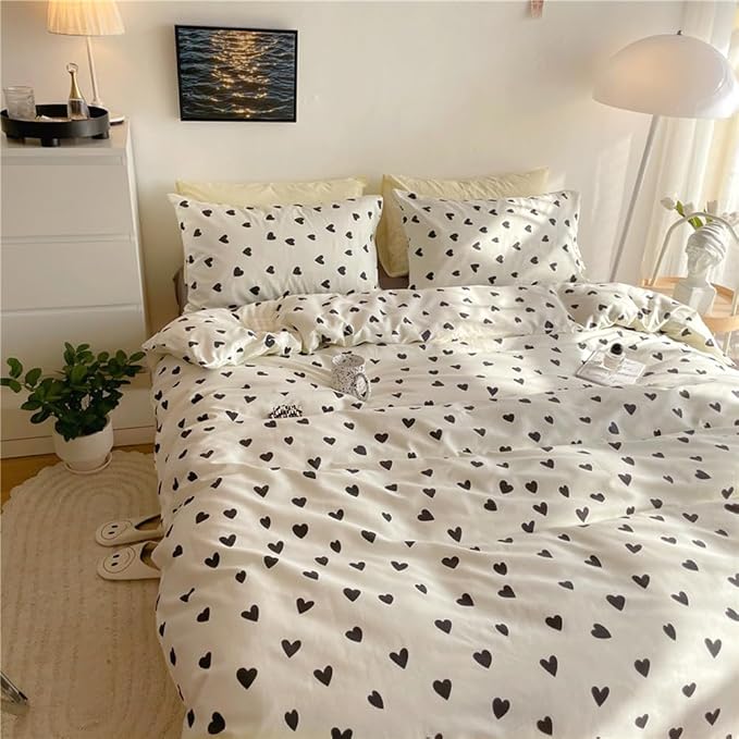 Nayoroom Black and White Heart Duvet Cover Full Size Black Hearts Printed on White Bedding Set 3 Pcs Cute Kawaii Soft Breathable Microfiber Comforter Cover Valentine Gifts for Kids Girls