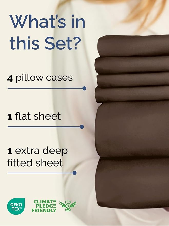 Extra Deep Cal King Sheet Set - 6 Piece Breathable & Cooling Sheets - Brown | Hotel Luxury Bed Sheets Set, Easy & Secure Fit, Ultra-Soft, Wrinkle & Fade Free, Comfy Sheets Set with Extra Deep Pockets