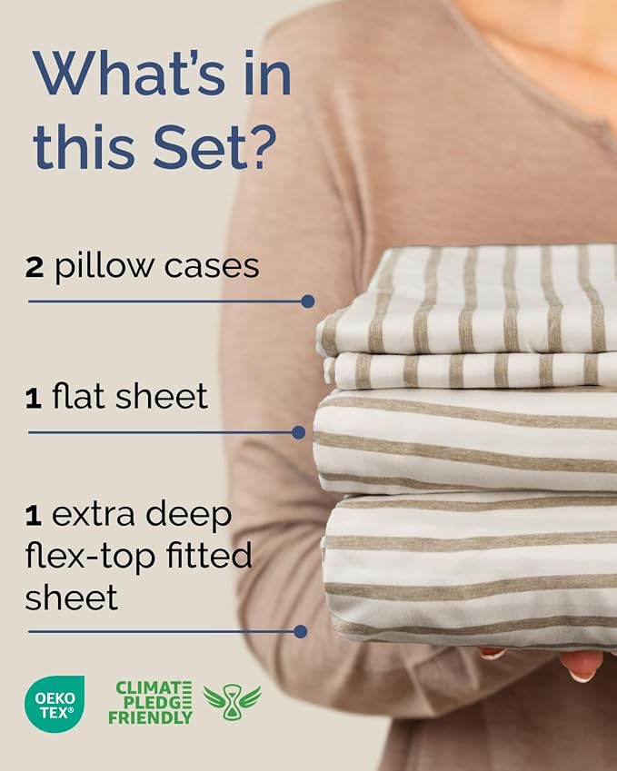 Flex Top Split Head King Sheet Set - 4 Piece Extra Deep - Beige Stripes 2 | Easily Fits 18 to 24 inch Mattress, Ultra Soft, Wrinkle & Fade Free with Extra Deep Pockets, Comfy Hotel Luxury Bedding