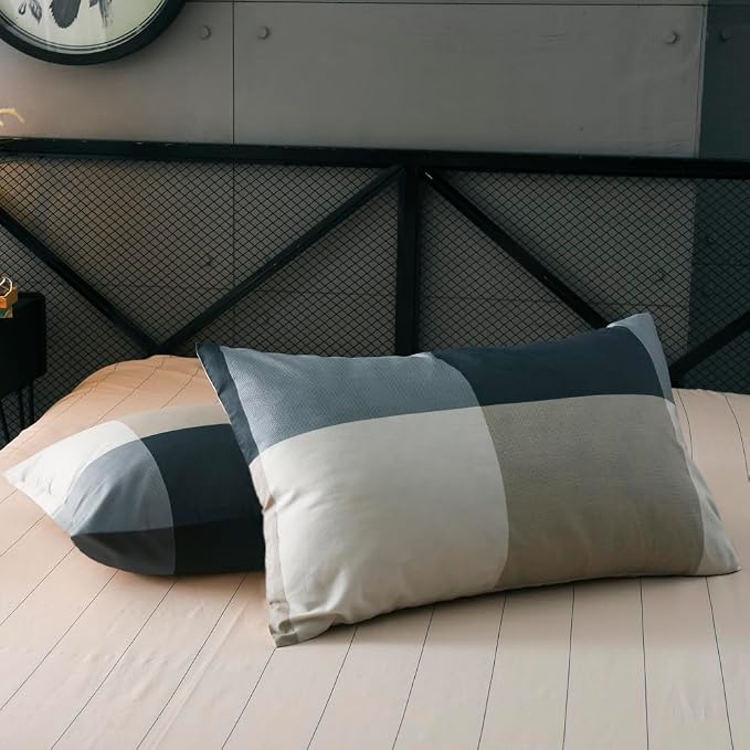 mixinni Queen Size Checkered Duvet Cover Set - 3 Piece Grey Geometric Cotton Bedding Set with Zipper Closure & Corner Ties, 100% Washed Cotton Soft Breathable Duvet Cover for Men, Women, Teens (Queen)