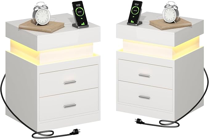 ChooChoo LED Nightstand Set of 2,Smart Night Standwith Charging Station and Sliding Top Storage, White | Sliding Top Storage, 2-Drawers, High Gloss Bedside Table, Modern End Table, Bedroom,White