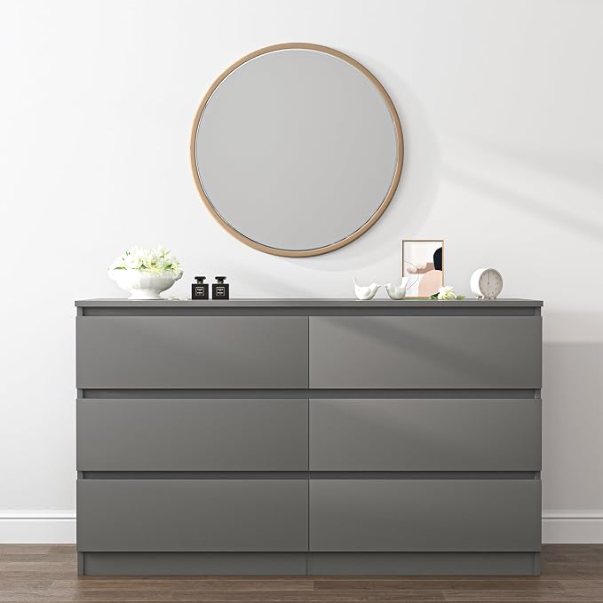 Vibe & Dine 6 Drawer Double Dresser, Modern Chest of Drawers with Wide Storage for Closet, Bedroom, Living Room (Grey)