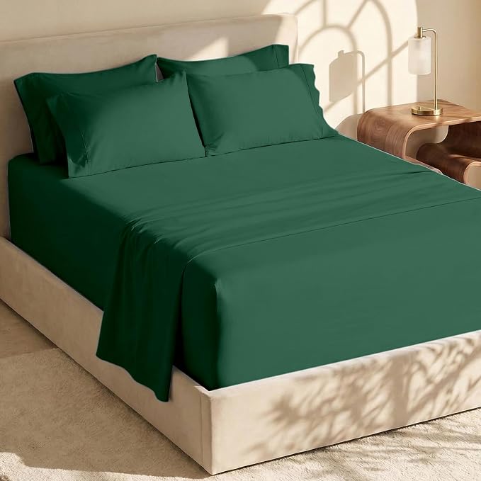 Hearth & Harbor Bed Sheets, Luxury Soft 6 Piece Bed Sheet Set Extra Deep Pocket Fitted Sheets Fits Mattress up to 21", Double Brushed Bedding Sheets & Pillowcases, Twin, Dark Green