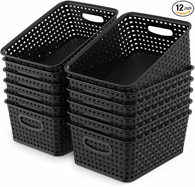 WYT 12-Pack Plastic Small Shelf Storage Weave Baskets for Organizing, Black