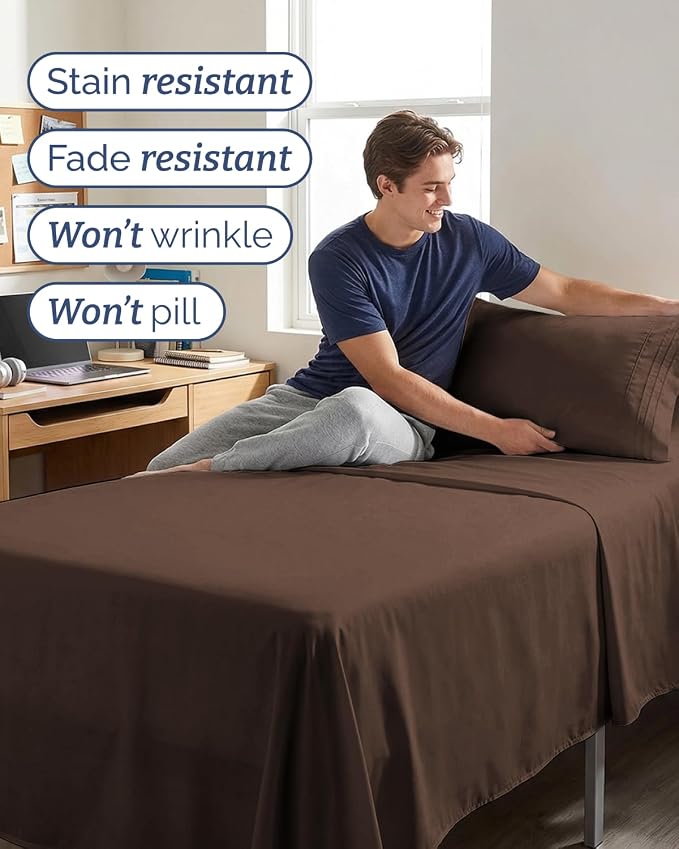 Twin XL 4 Piece Sheet Set - College Dorm Room Essentials - Chocolate Brown | Ultra Soft Dorm Bedding Set, 8" to 16" Inch Deep Pockets, 1 Flat & 1 Fitted Sheet & 2 Pillowcases, Wrinkle & Fade Free